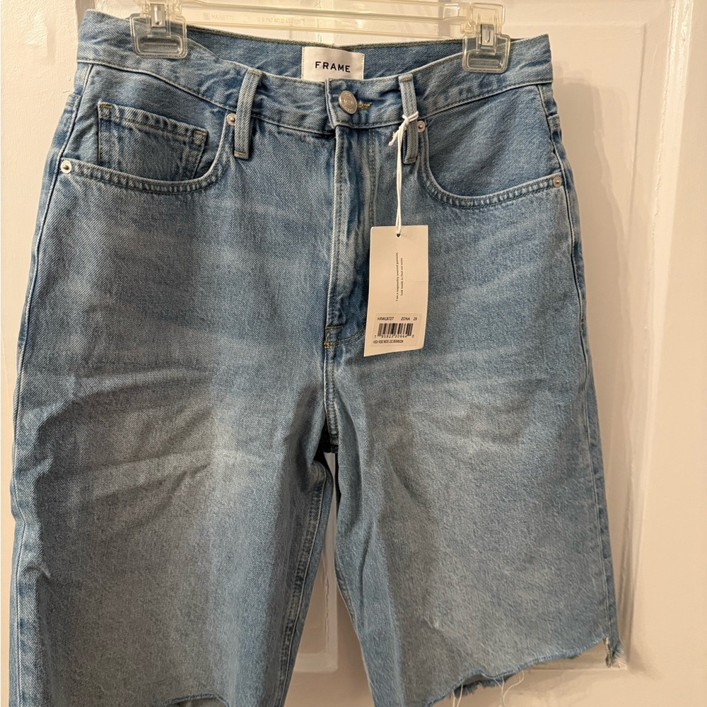 Frame Denim Blue Jean Shorts with Raw Hem and Distressed Look